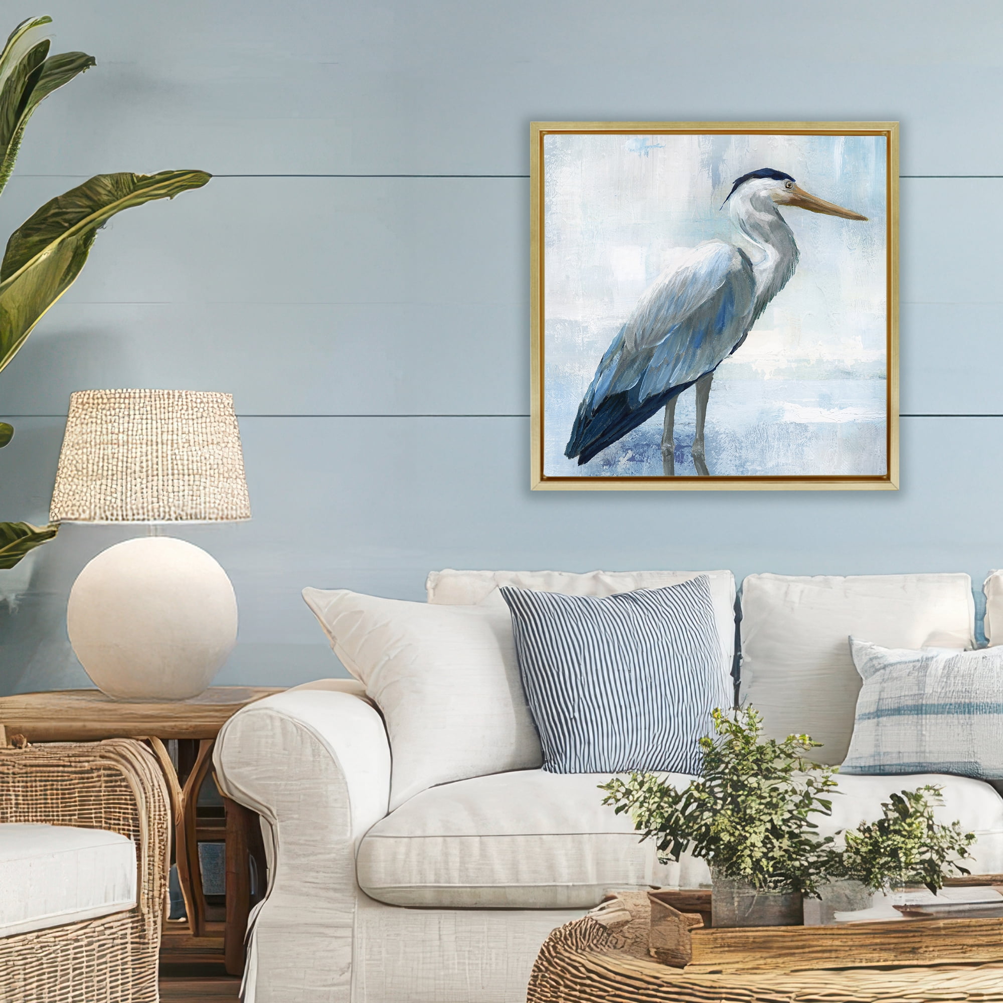 Stupell Industries Serene Blue Heron In Aqua Gold Framed Floater Canvas Wall Art, design by Nan