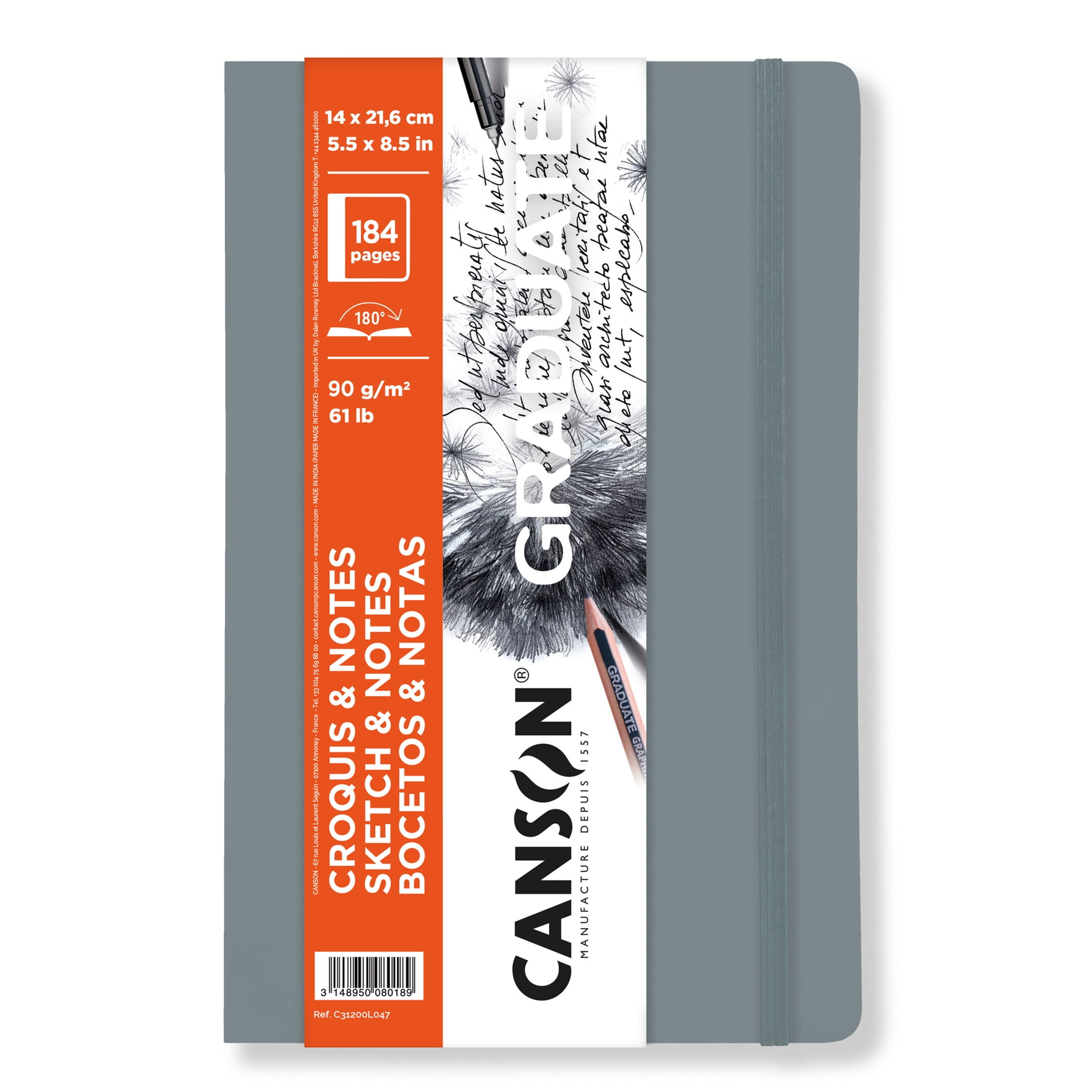 Canson Graduate Sketch & Notes Art Book, Light Gray, Soft Cover Binding, 92 Sheet, 5.5x8.5 inch, Pack of 5
