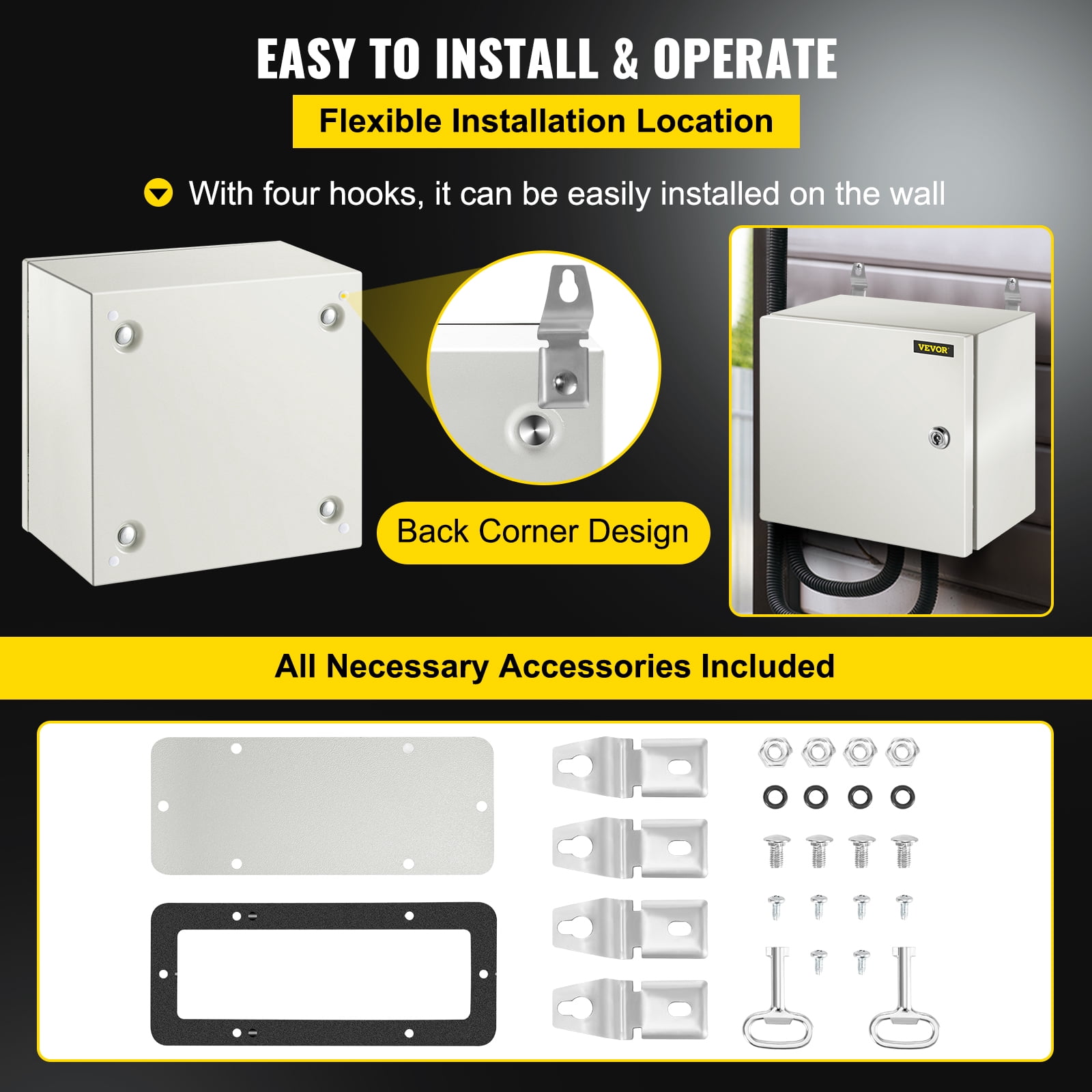 VEVOR NEMA Steel Enclosure, 12 x 12 x 8" NEMA 4X Steel Electrical Box, IP66 Waterproof & Dustproof, Outdoor/Indoor Electrical Junction Box, with Mounting Plate