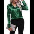 thumbnail image 3 of Blusas de Satén para Mujer, Informales, de Larga, con Botones, Elegantes, para Trabajo y Negocios Verde Oscuro L, 3 of 9