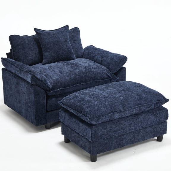 GOMYHOME Modern Chenille Accent Chair with Ottoman, Oversized Upholstered Reading Chair, Blue