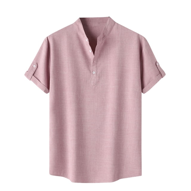 Shirts for men Casual Solid Stand Collar Short Sleeve Button Closure Shirt Hawaii Blouse