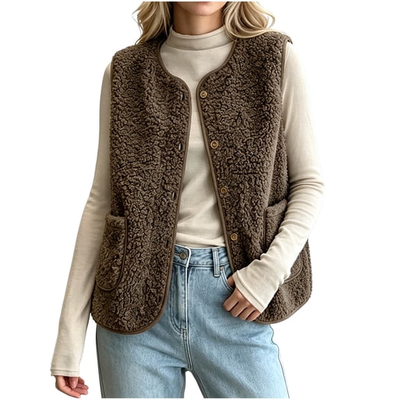 Ecqkame Women's Fuzzy Vest Sleeveless Button Down Loose Round Neck Casual Velvet Warm Fall Winter Outerwear with Pockets Brown S