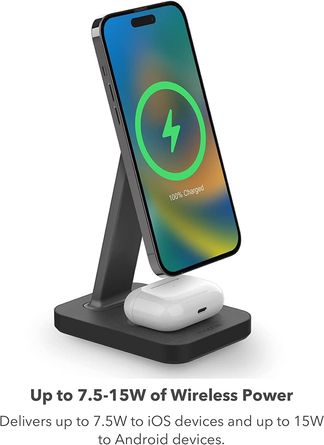 mophie Snap+ 2-in-1Charge Stand & Pad - 15w Wireless Charger Compatible with iPhones & AirPods Includes Snap+ Adapter for other Qi Enabled Phones Steel Base Adjustable Angles