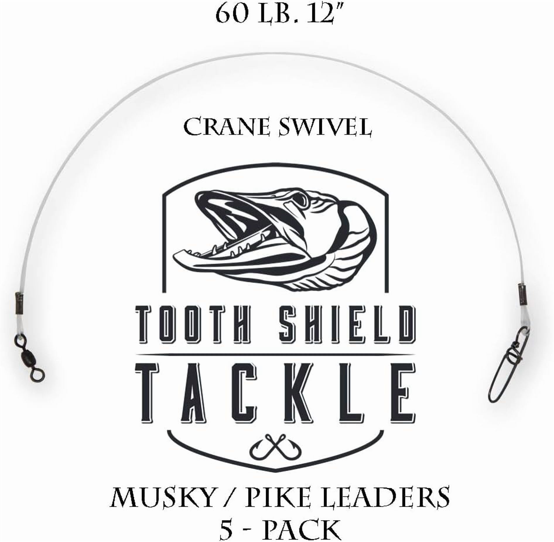 Tooth Shield Tackle 5 Pack 60 lb. 12" Premium Fluorocarbon Musky Leader Muskie Pike Leader (Crane Swivel)