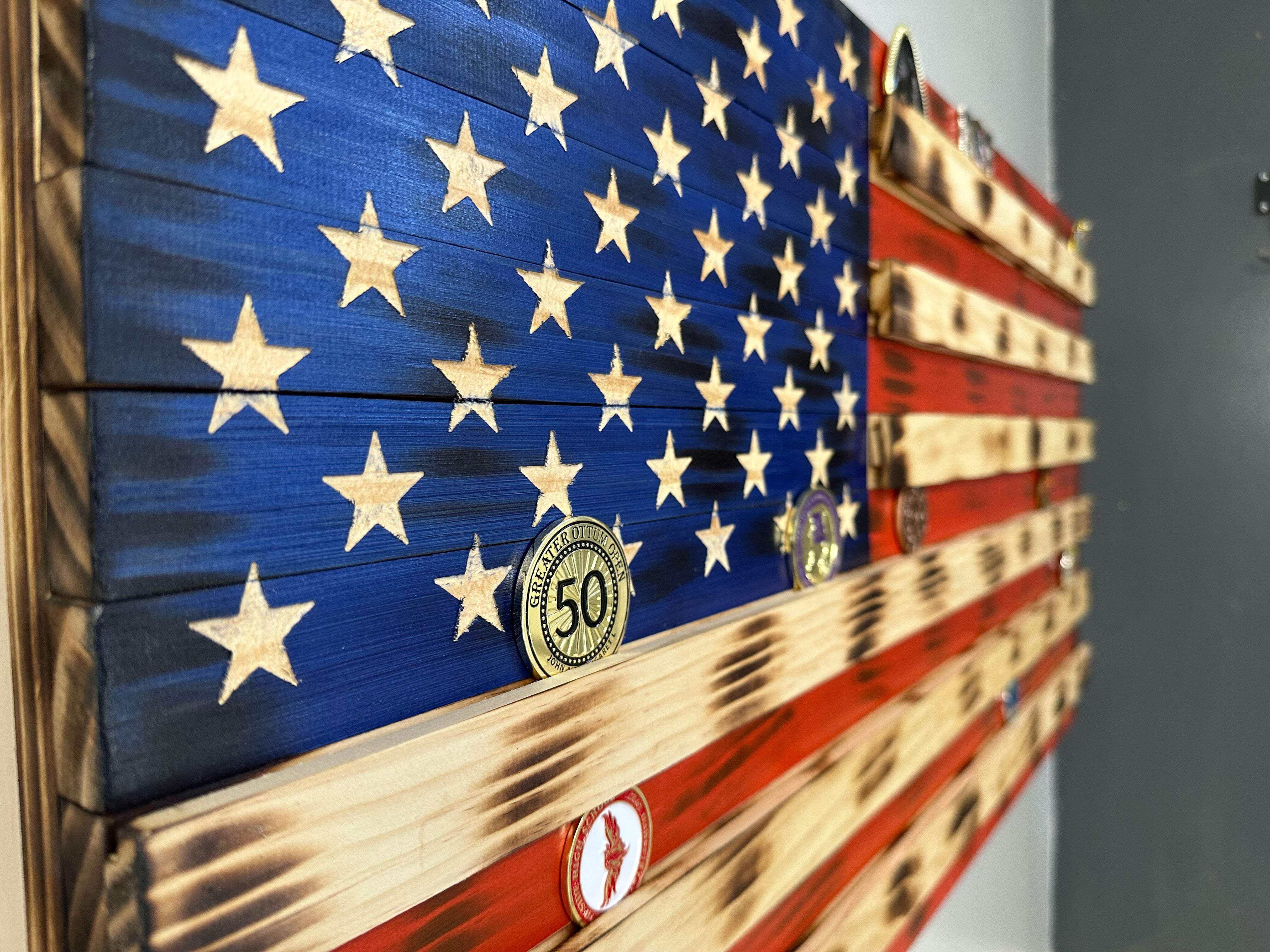 American Flag Challenge Coin Display and Hidden Gun Cabinet, Military Coin Holder Holds 100 Coins by Bellewood Designs