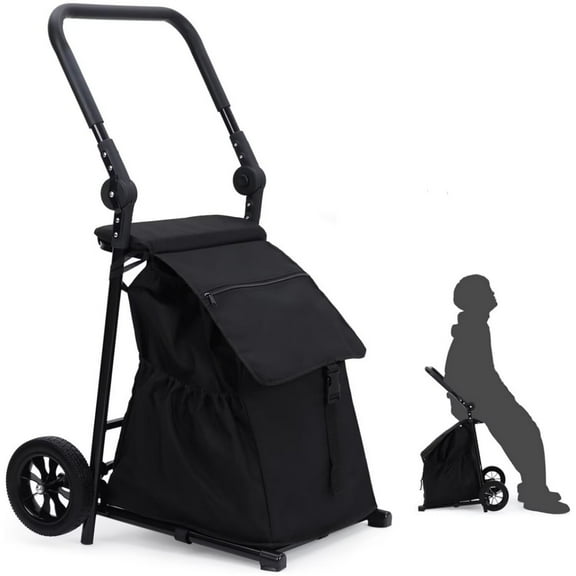 BENESKY 2 in 1 Foldable Shopping Cart, Grocery Cart with Seat, 2 Wheels Grocery Cart with 123 L Large Capacity Waterproof Bag, Portable Trolley Dolly Utility Cart, Black