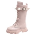 thumbnail image 5 of Girls Knee High Riding Boots Trendy Pearl Buckle Strap Chunky Lug Sole Lace up Zipper Mid Calf Long Combat Booties Pink 3 Big Kids, 5 of 5