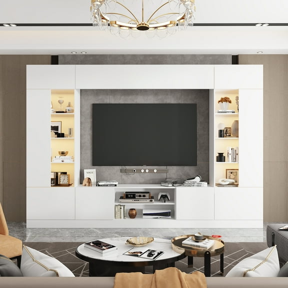 OXYLIFE White 114" Large Wall Unit Entertainment Center with Bookshelves, Lights and 18 Shelves, Modern 4-Piece TV Stand Media Console Table for Living Room&Home Theater
