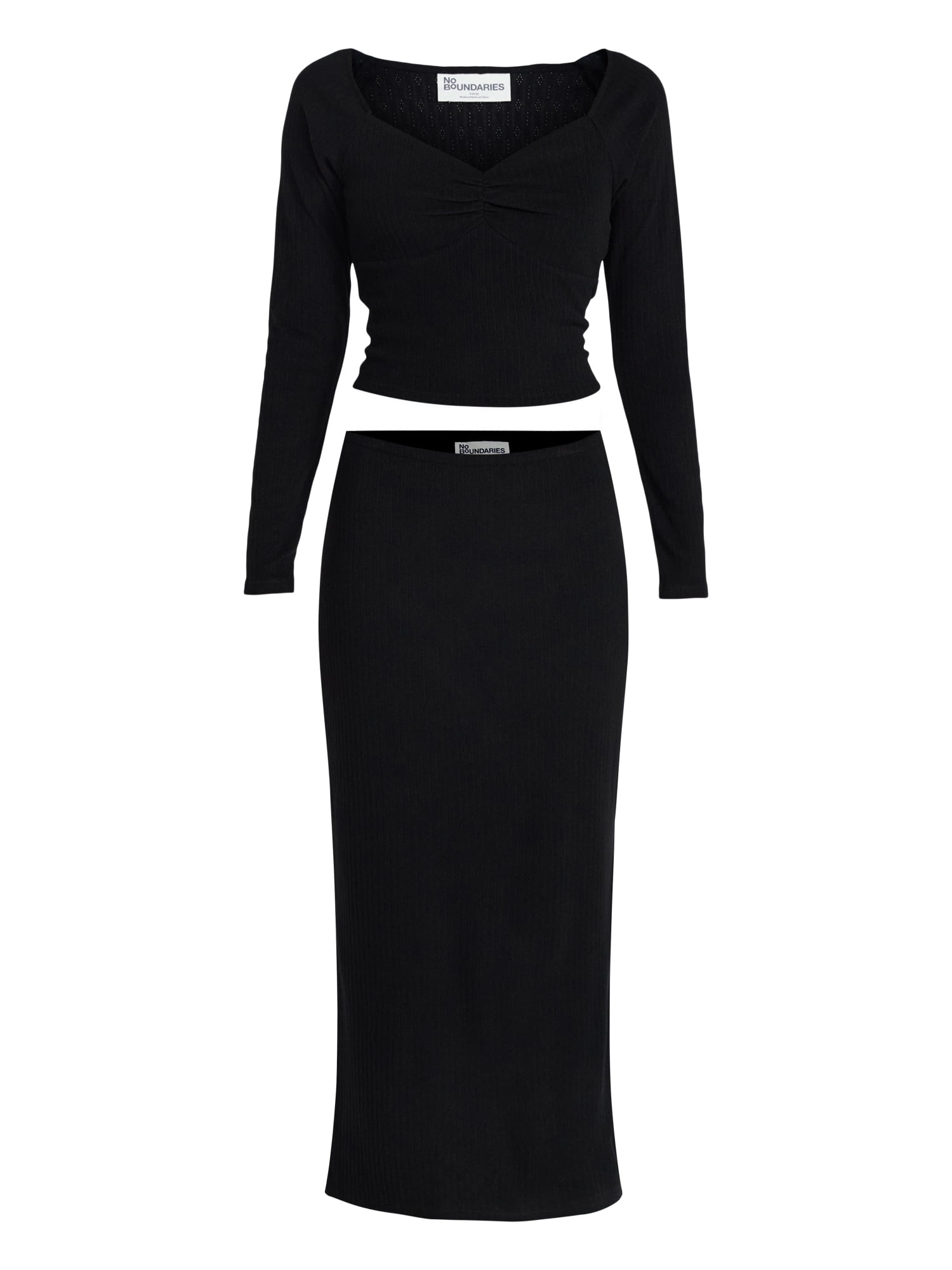 No Boundaries Long Sleeve Ruched Front Top and Maxi Skirt Set, 2-Piece, Women's XXS-XXL