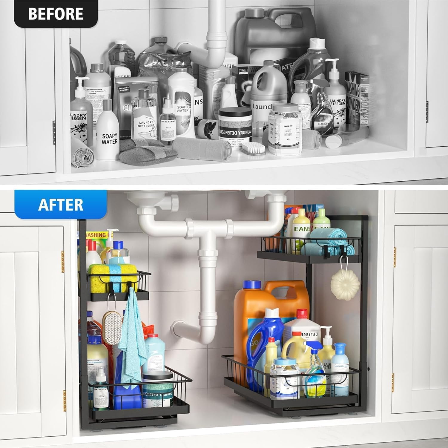 Under Sink Organizer 2 Pack, 2-Tier Cabinet Organizer for Kitchen, Bathroom, Slide Out Drawer Under Sink Organizers and Storage, Metal Organizing Rack for Pantry, Cabinet, Closet