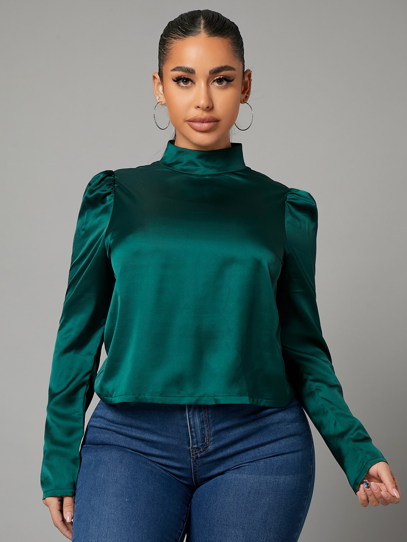 Women's Solid Mock Neck Satin Blouse 