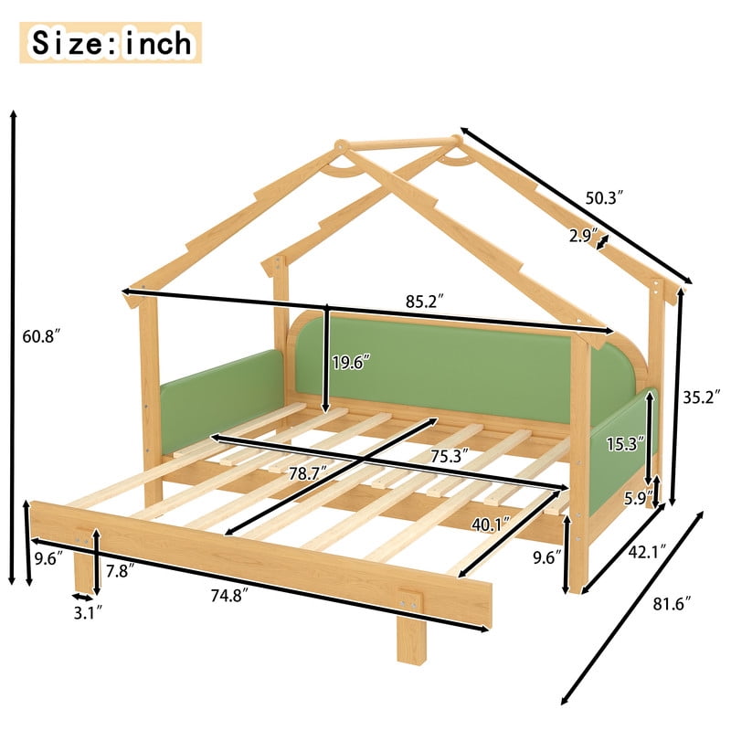 Bellemave Extendable Montessori House Bed, Wood Twin to King Daybed with Soft Cushion Rails, Double Twin Beds with Roof-Shaped, No Box Spring Needed (Natural+Green)