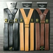 3x Assorted Faux Leather  Mens Clip-on 1.0" WIDE Suspenders Elastic Y-Shape Suspender