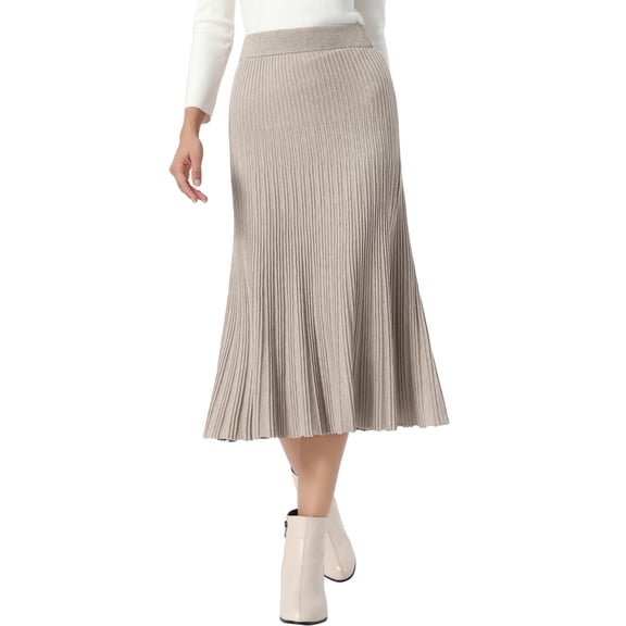 INSPIRE CHIC Knit Maxi Skirt for Women's Elastic High Waist Casual Soft Striped Pleated Skirt XS Camel