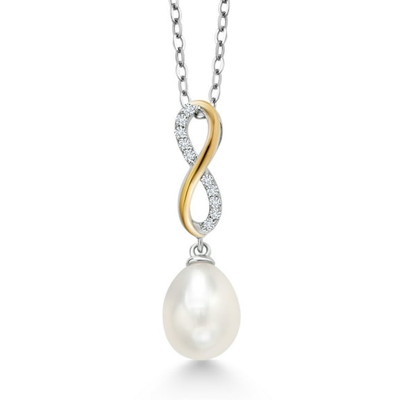 Gem Stone King 925 Sterling Silver and 10K Yellow Gold 10X8MM Cultured Freshwater Pearl and White Lab Grown Diamond Pendant Necklace for Women with 18 inch Chain