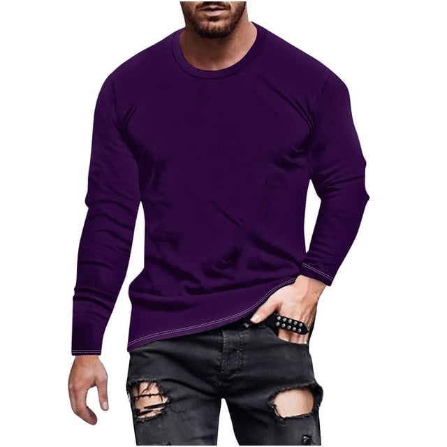 Dagugfen Plus Size Tops for Men Long Sleeve Crewneck Slim Solid Color Comfy Leisure Workout Shirts Fall