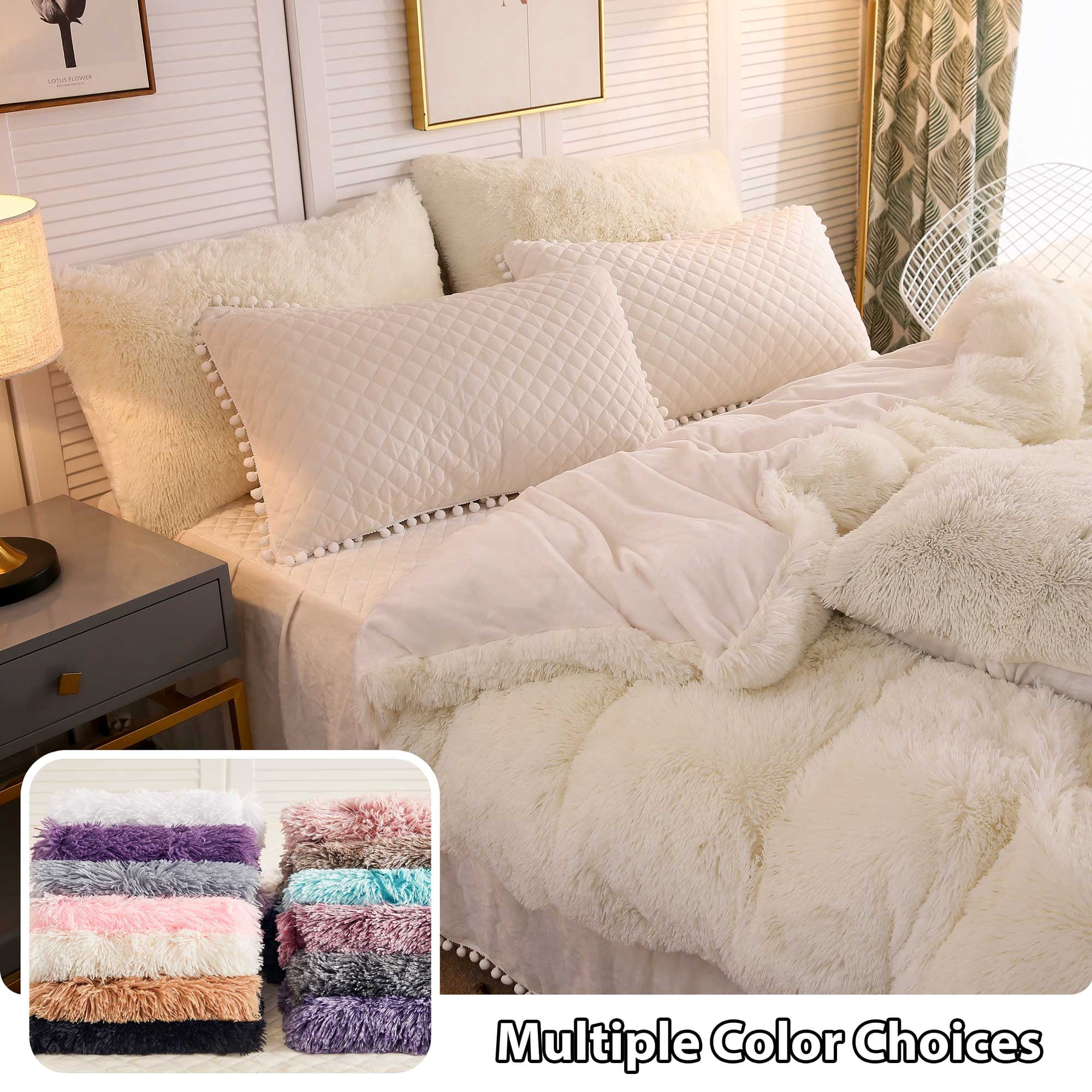 LIFEREVO 3 Pieces Luxury Plush Shaggy Faux Fur Duvet Cover Set(1 Fluffy Fuzzy Comforter Cover + 2 Pompoms Fringe Quilted Pillow Covers) Furry Bedding Set, Zipper Closure, Queen Size, Beige