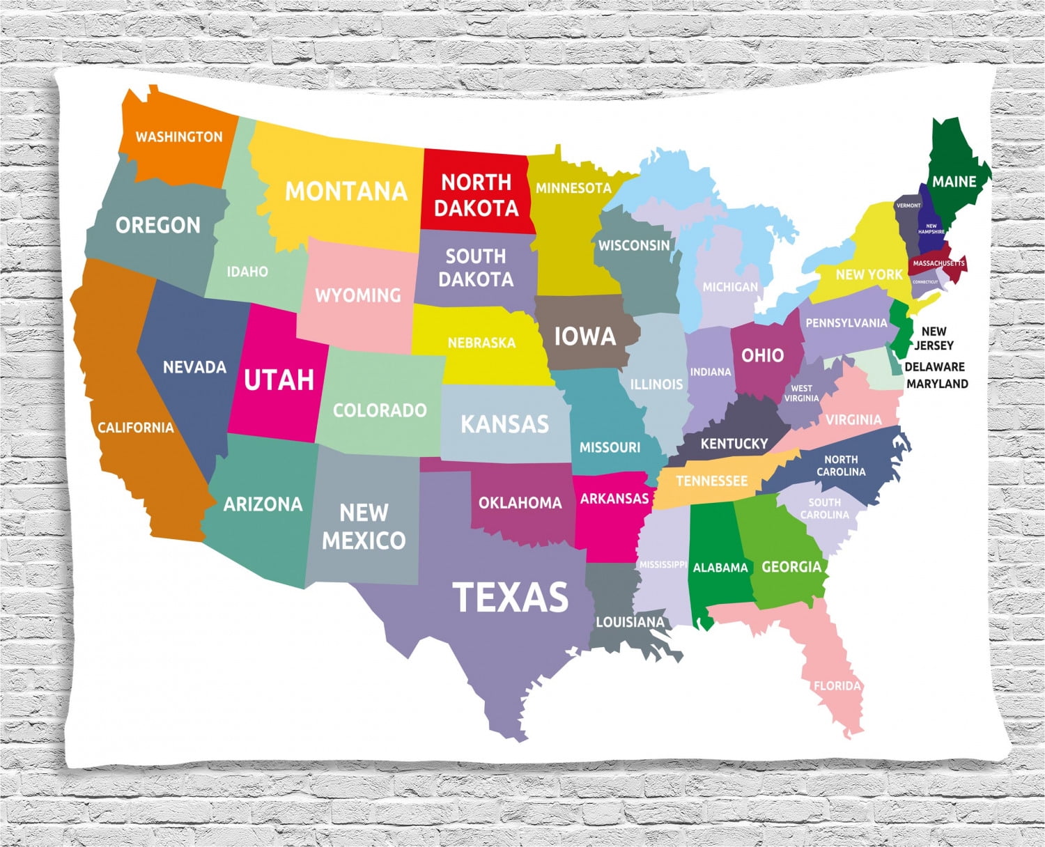 Map Tapestry, USA Map with Name of States in Different Colors America Geography Cartography 