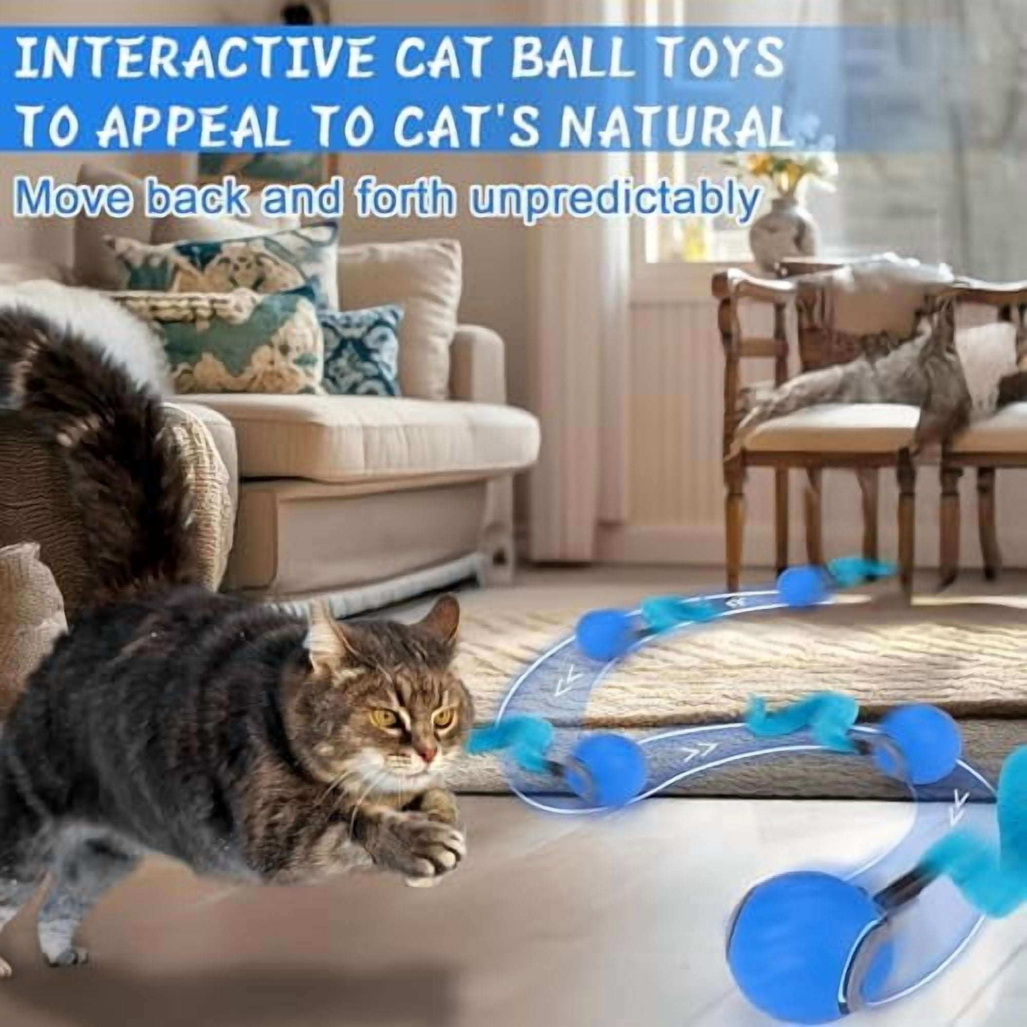 2Pack Blue Interactive Cat Toy Ball - Automatic Interactive Cat Toys for Indoor Cats with 3 Tails, 2 Speeds Rechargeable Enrichment for Small/Medium/Large to Keep Them Busy