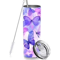 Skinny Tumbler Gift for Men Women, Purple Butterfly Tumbler Cup with Straw Lid 20 OZ, Stainless Steel Insulated Vacuum Slim Travel Coffee Mug
