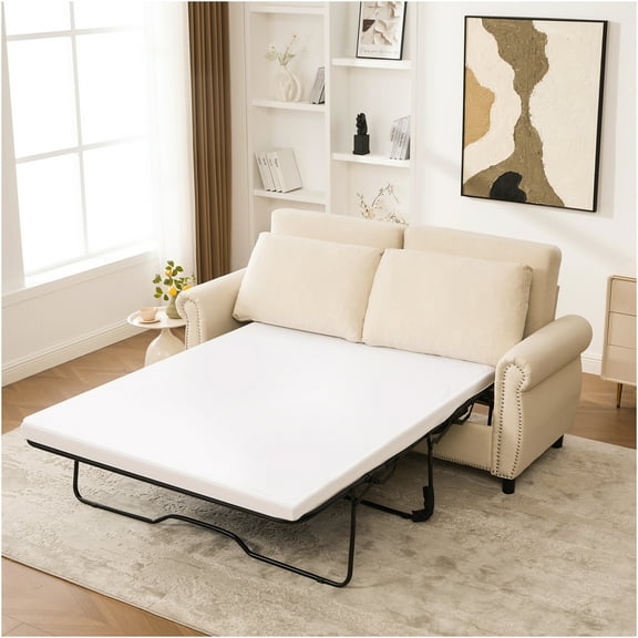 JERFIT Queen Sleeper Sofa Bed, Convertible Pull Out Couch with Memory Foam Mattress, Modern Linen Futon for Small Space, Apartment, Studio, Beige