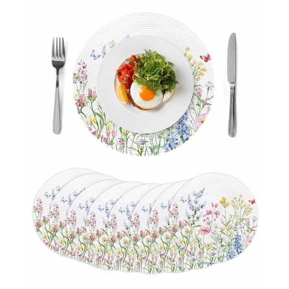 Spring Floral Round Placemats Set of 8 for Dinning Tables,Heat-proof Braided Table Mats 15 Inch,Colorful Watercolor Botanical Summer Washable Place Mat for Kitchen Restaurant Party Table Decor
