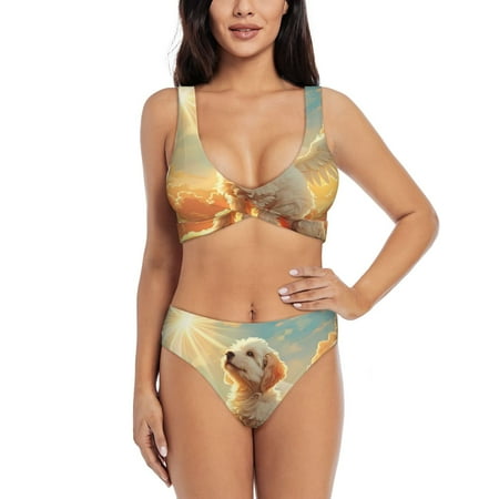 Zeuib Sunshine Golden Cloud Dog High Waisted Tummy Control Bikini Set - Knot Front Push Up Top & Cheeky Thong Bottom  Two-Piece Swimsuit for Women-Medium