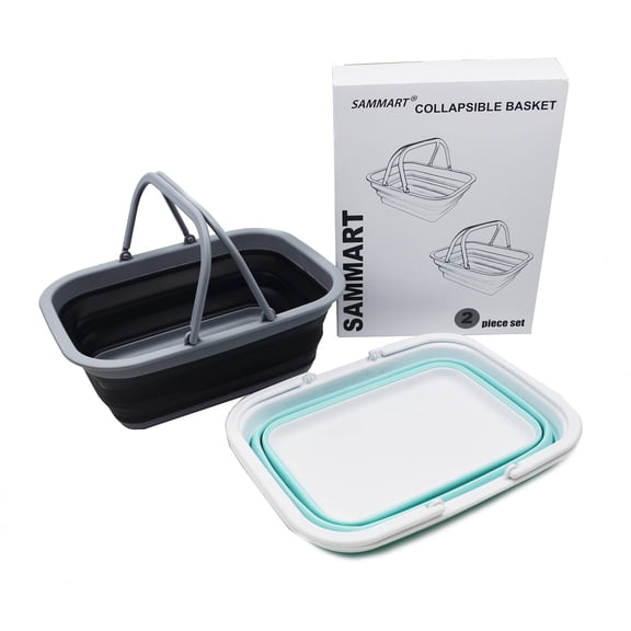 SAMMART 9.2L (2.37Gallon) Collapsible Tub with Handle 2 pcs Box Set - Portable Outdoor Picnic Basket - Foldable Shopping Bag - Space Saving Storage Container