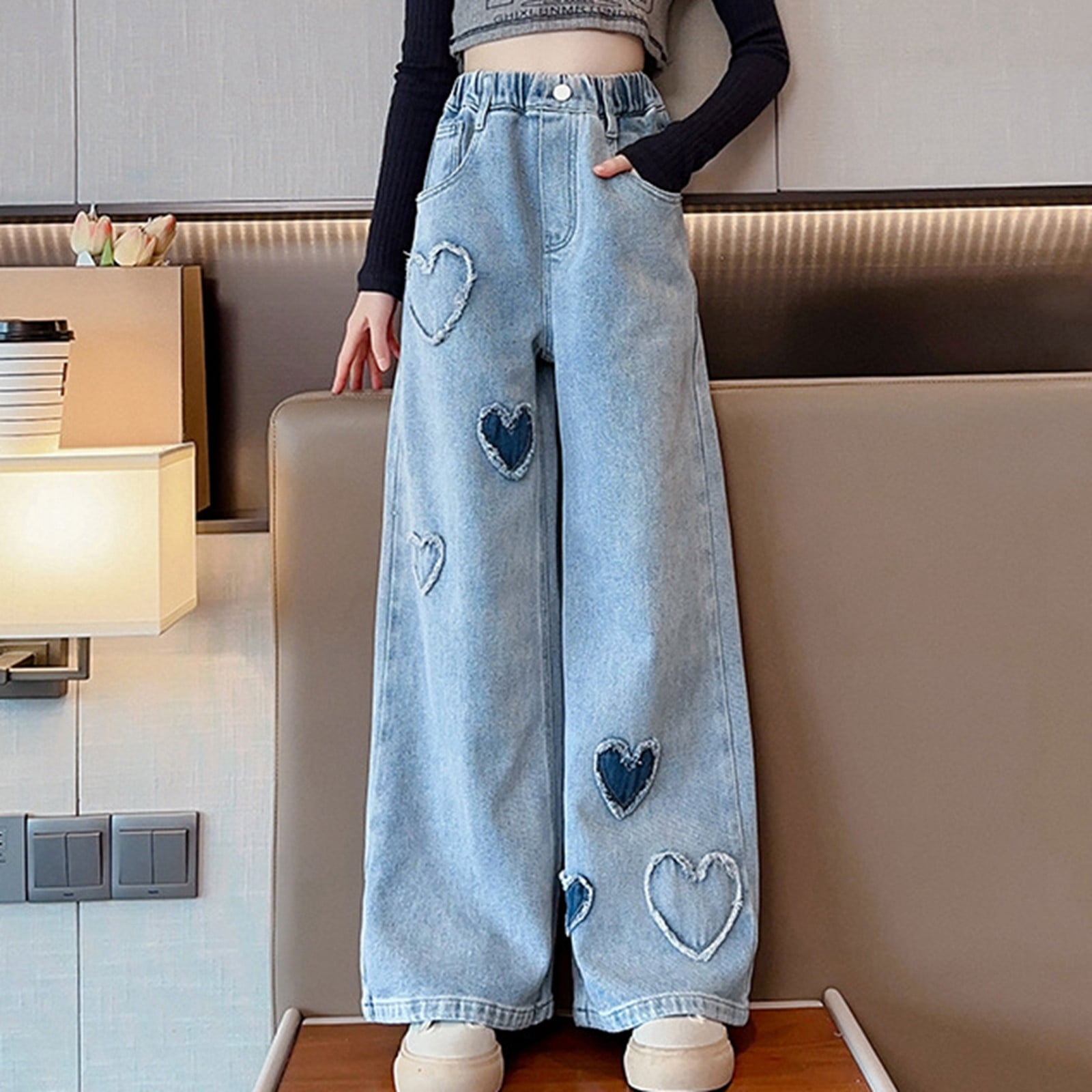 Jeans Fille Coupe Droite Large - Taille élastique 5 à 14 Ans - Style Décontracté Streetwear - Pantalon Denim Ample