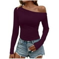thumbnail image 2 of SEAOPEN Women's Off Shoulder Slim Fit Crop Top Casual Long Sleeve Boat Neck Going Out Blouses Y2K Tight Shirts Purple M, 2 of 4