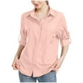 thumbnail image 2 of Camisa elegante y casual de color liso con bolsillo con cremallera y protección solar para mujer - Algodón lavado liso, cuello en V, manga corta - Suave y transpirable para el día a día, la oficina, 2 of 8