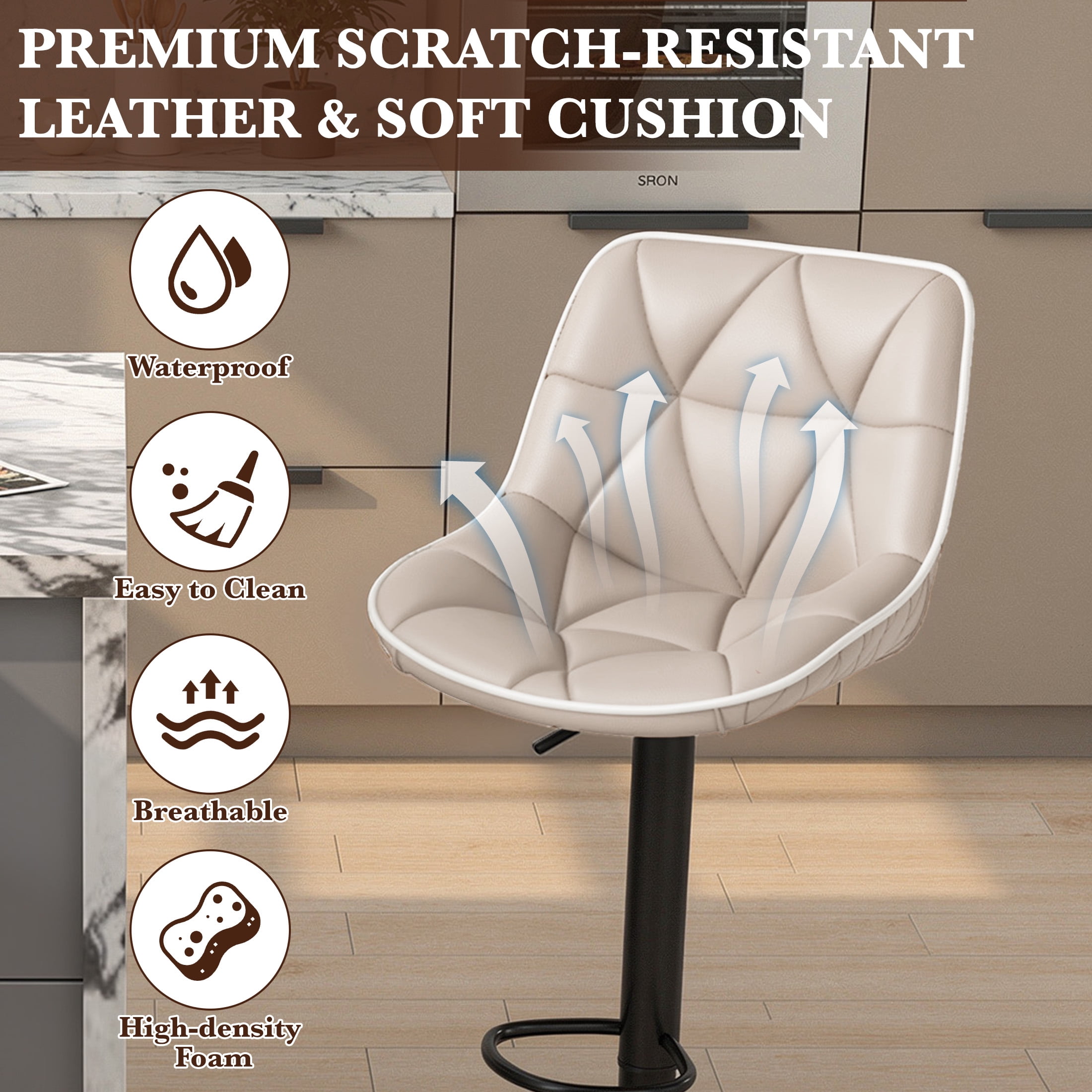 Hawsaiy Bar Stools Set of 2, Adjustable Swivel Counter Height Bar Stools with Back, Upholstered Modern Barstools with Diamond Stitching, Khaki
