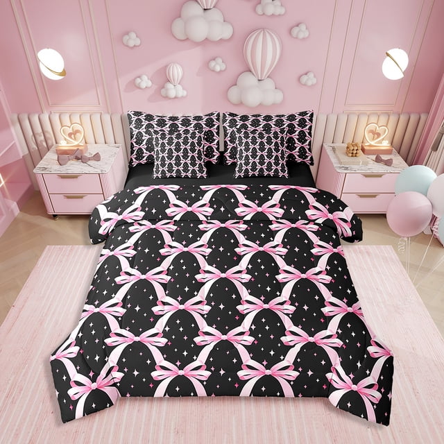 Ensemble de Literie 7 Pcs Rose avec Nœud Papillon pour Enfants Grand Lit, Ensemble de Literie Patchwork Géométrique Nœud Papillon Nœud Papillon, Ciel Étoilé Rêveur Romantique (Couette + Drap-Housse + Drap Plat + 2 Taies d'Oreiller + 2 Housses de Coussin Décoratif)