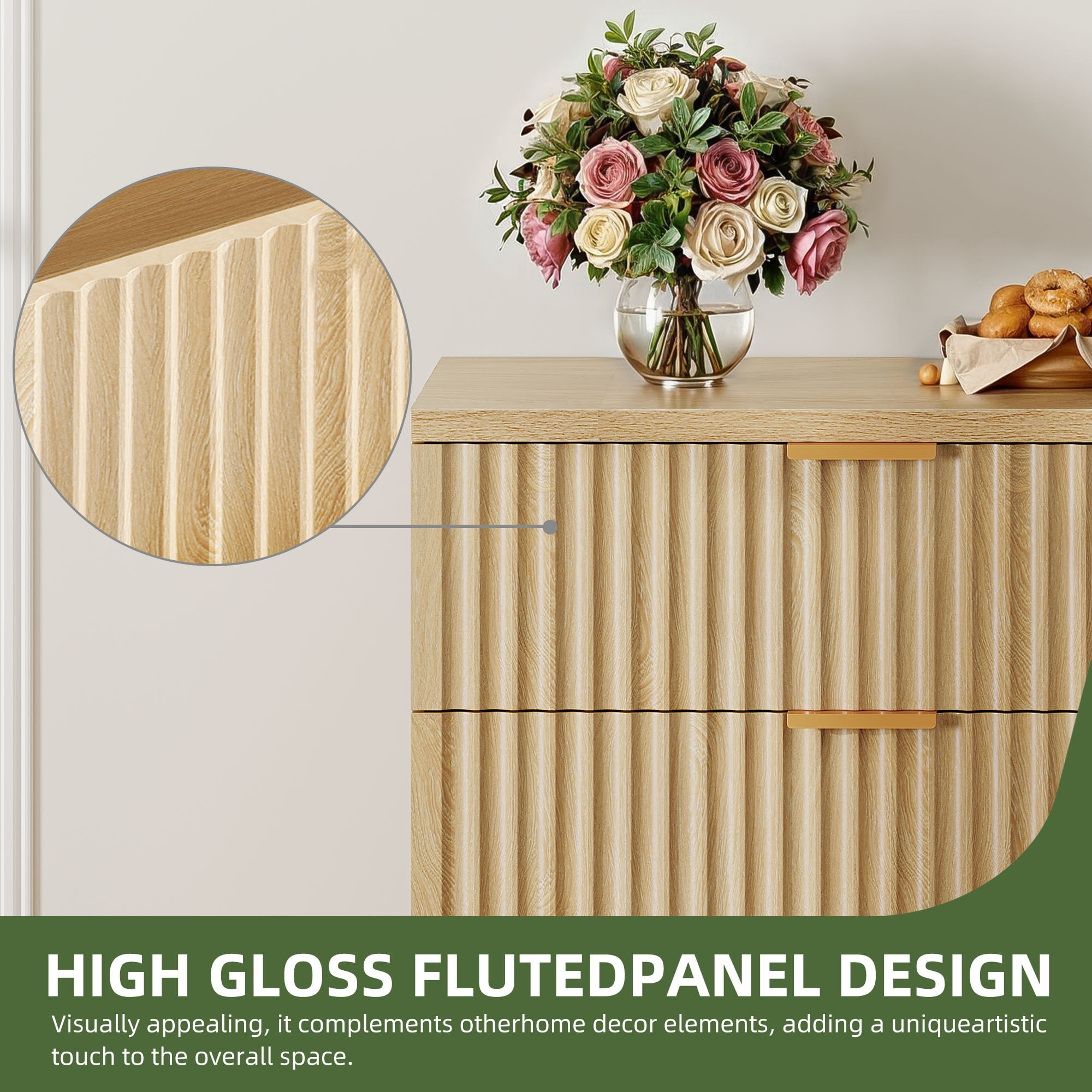 Uforic 6 Drawers Fluted Double Dresser, MDF Chest of Drawer Storage Cabinet, Natural