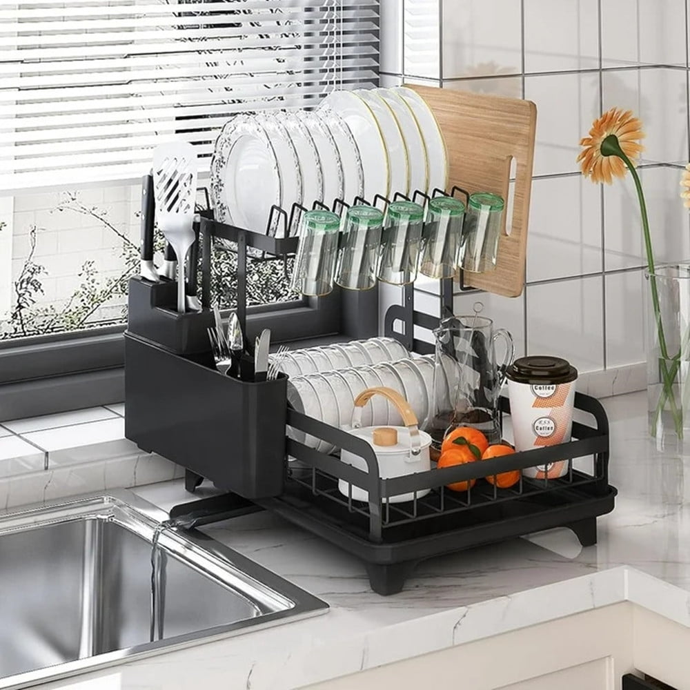 TEAFIRST 2 Tier Dish Drying Rack, Large Dish Rack and Drainboard for Kitchen Counter, 10.5'', Black