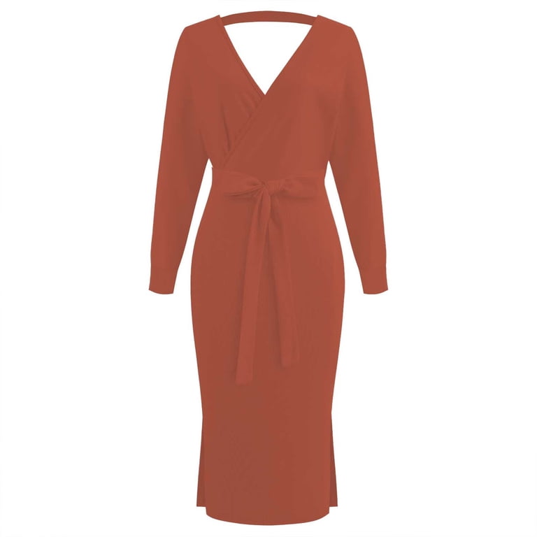 knee length dresses for ladies Drama Cinch Ribbed Button-Down Midi Dress – Women’s Knit Bodycon Belted V-Neck, Autumn Office & Brunch Midi Dress M / Coffee Brown main image 0