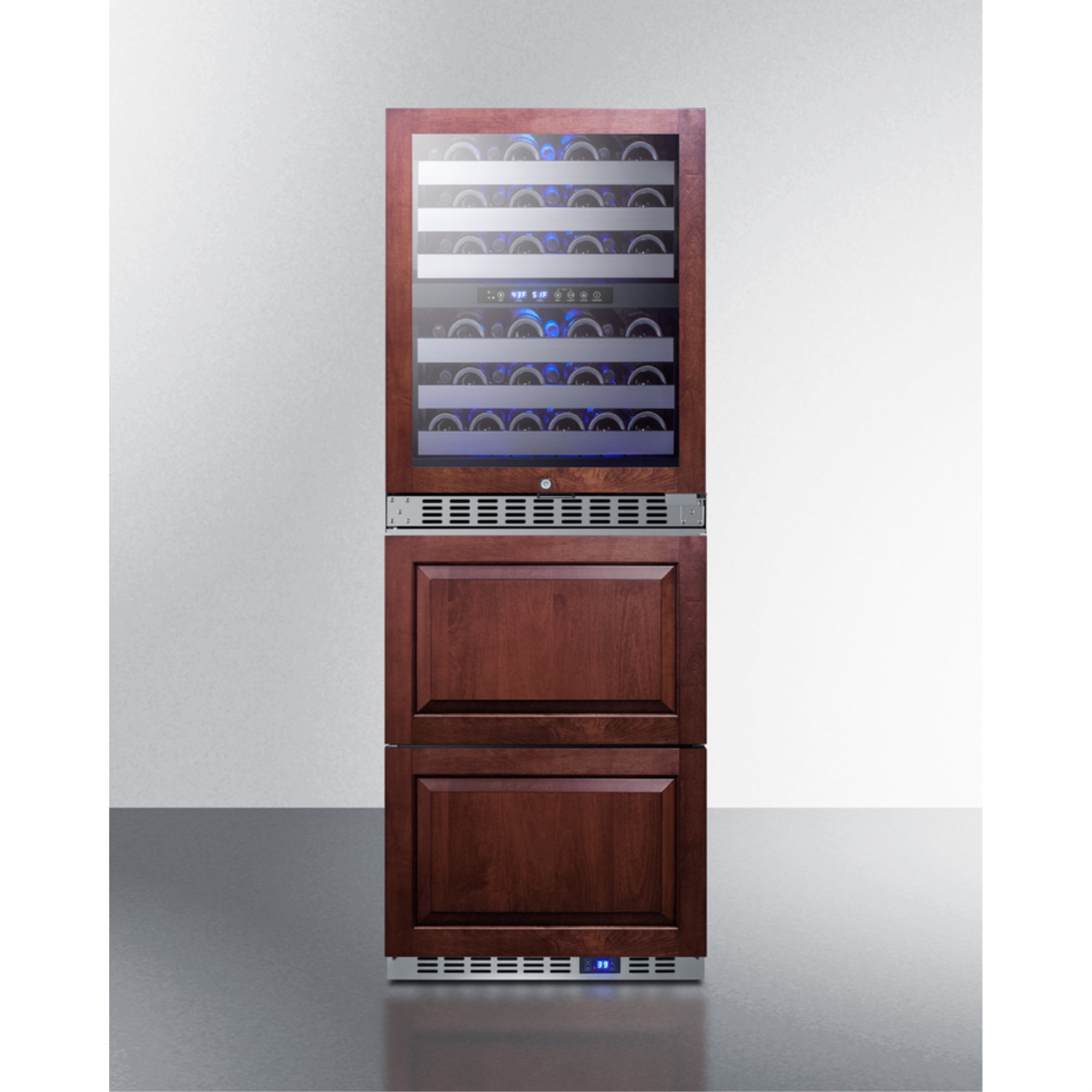 24 Inches wide combination built-in/freestanding upright dual zone wine cellar and 2-drawer refrigerator, panel-ready front