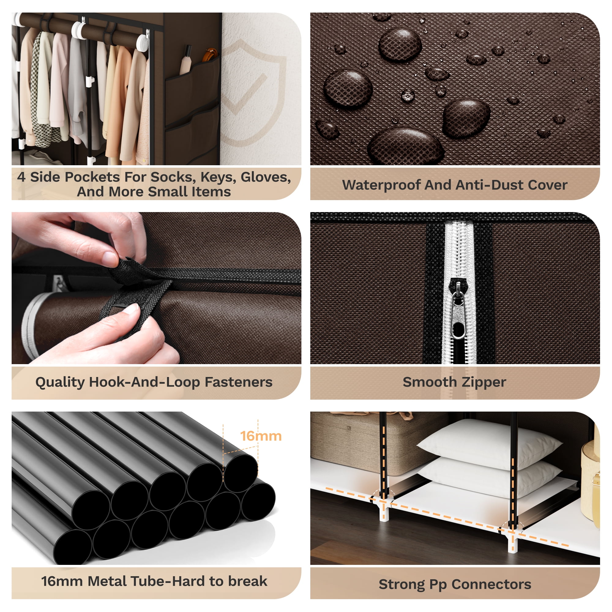 Riousery 51 Inch Portable Wardrobe Closet, 6 Storage Spaces with 3 Hanging Rods, Steel Frame Fabric Organizer, Easy Assembly and Dust Resistant Design, Brown