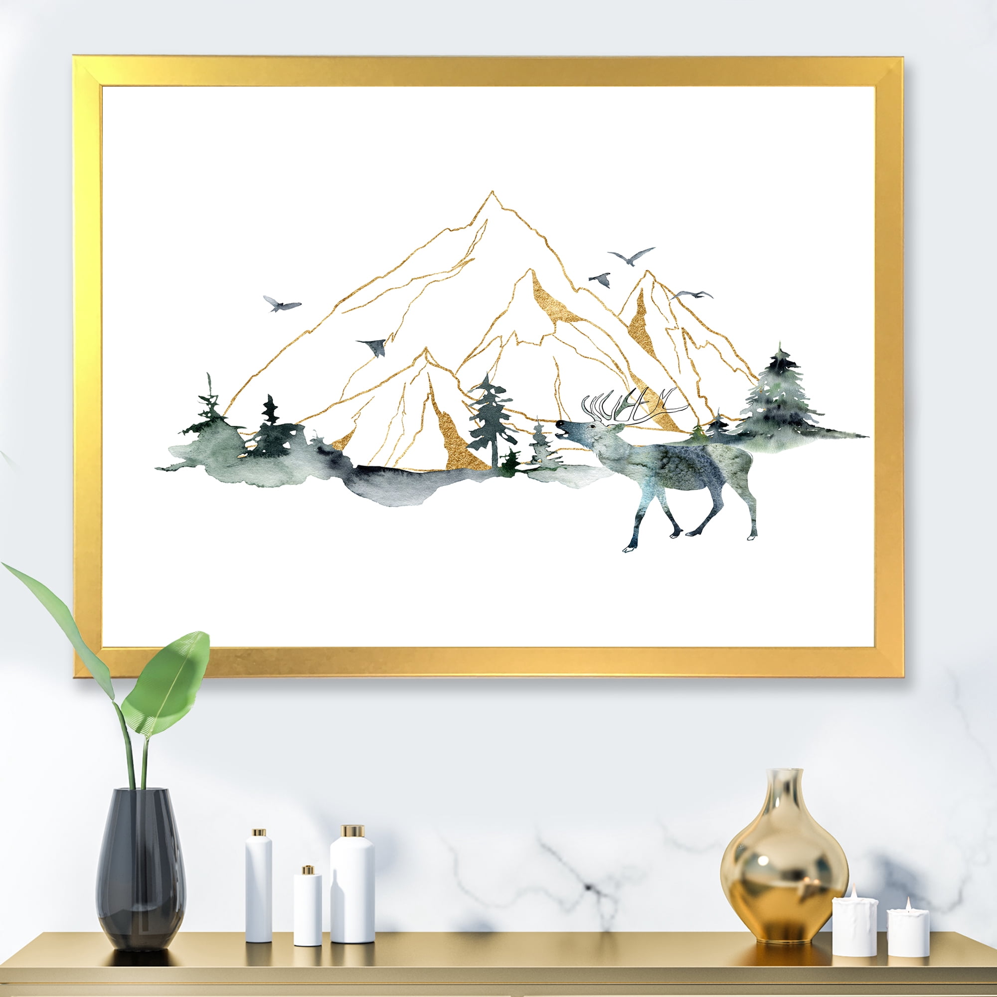 Designart 'Minimalistic Landscape of Forest Deer and Mountains' Modern Framed Art Print