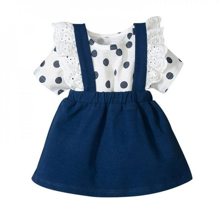 

Newborn Girls Clothes 2Pcs Summer Newborn Baby Girl Clothes Infant Short Sleeve Polka Dot Short Sleeve T-shirt+ Blue Strap Dress Clothing Cute Outfits
