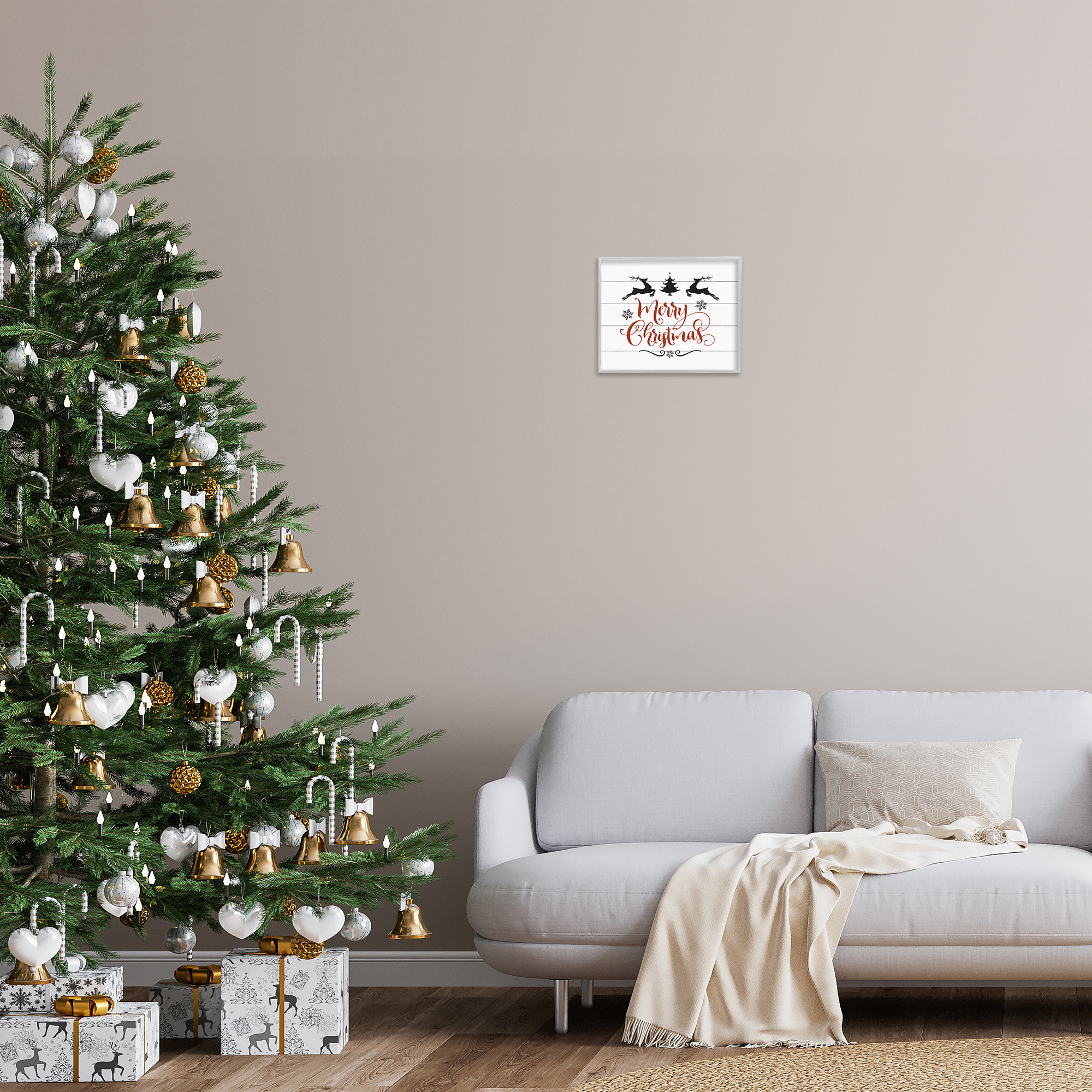 Stupell Industries Merry Christmas with Reindeer Holiday Painting Gray Framed Art Print Wall Art, 14 x 11