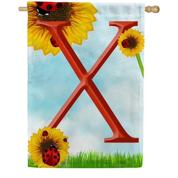 America Forever Summer Sunflower Ladybugs Monogram House Flag Letter X 28 x 40 inches Yellow Floral Spring Double Sided Vertical Outdoor Yard Lawn Decorative Yellow Hello Sunshine House Flag