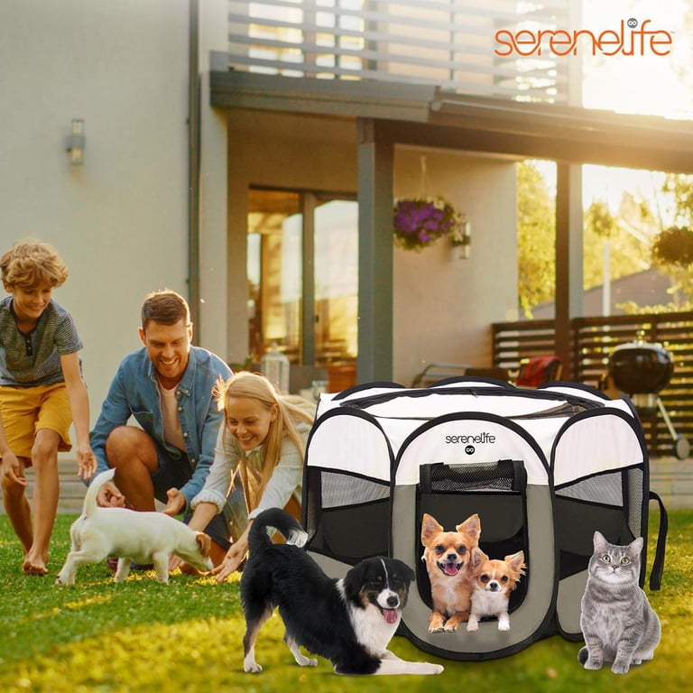 SereneLife Portable Pet Playpen Tent - 8-Panel Foldable Mesh, W/Folding Bowl, For Cats Dogs Puppies
