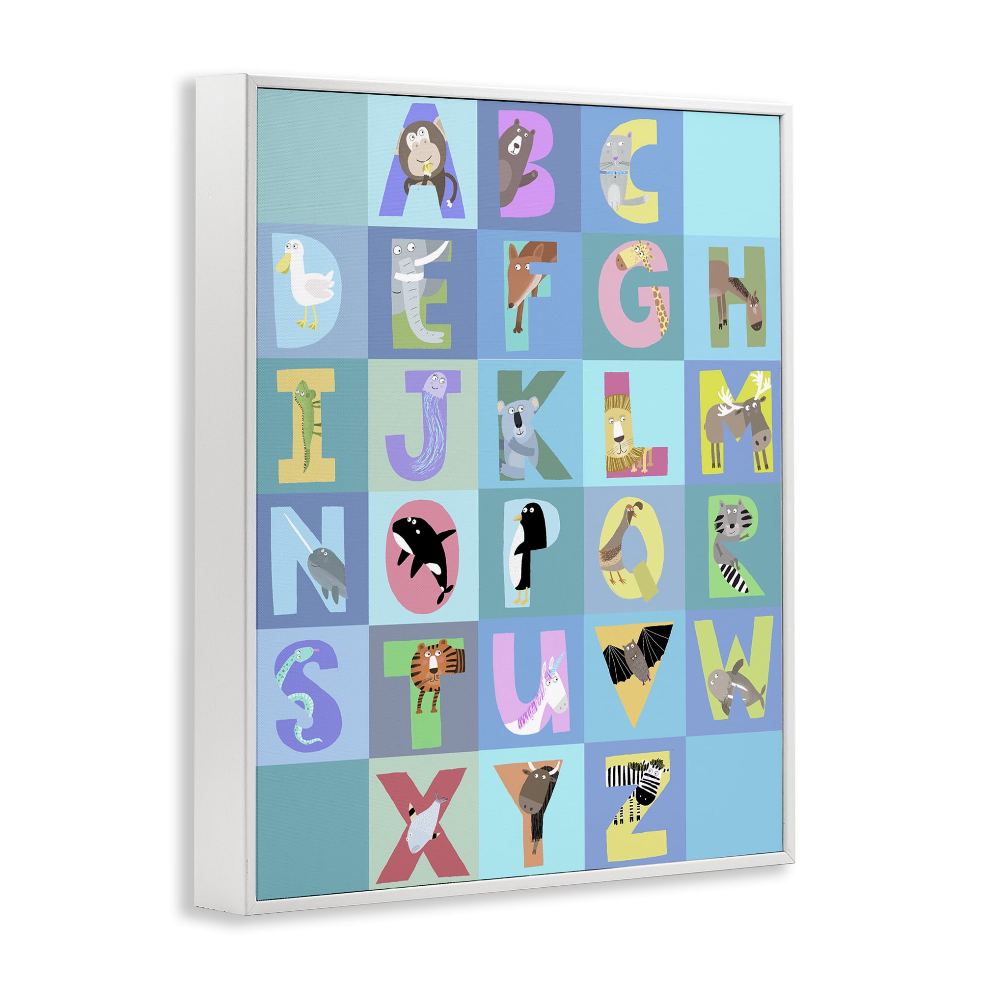 Stupell Industries Animal Alphabet in Blue White Framed Giclee Art, design by Carla Daly