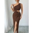 thumbnail image 3 of Brown Womens One Shoulder Long Dress With Waist Cutout Ring Detail, 3 of 6