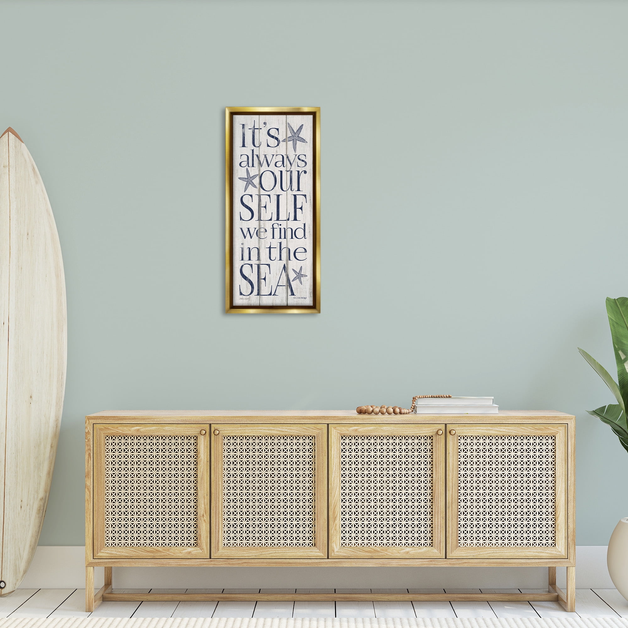 Stupell Industries Find Self In Sea Phrase Inspirational Painting Gold Floater Framed Canvas Art Print Wall Art, 15 x 31