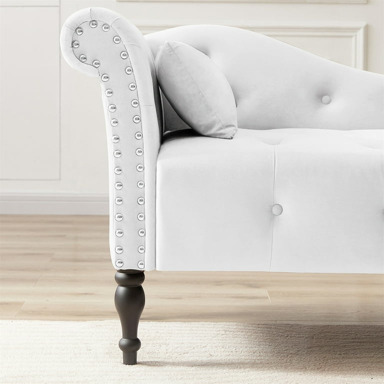 60.6 Chaise Lounge Indoor Velvet Sofa Chair with One Pillow Button Tufted Accent Recliner Chair with Nail Head Trim for Living Room Bedroom White