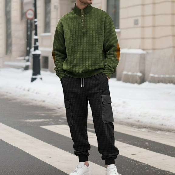 Zylanna Men's Casual Outfit Sets, Elastic Waist Long Sleeve Turndown Collar 2 Piece Pullover   Pants Sets for Men Army Green