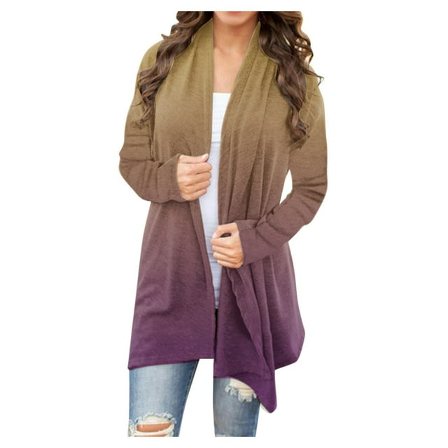 Yuyuzo Long Cardigan for Women Gradient Color Open Front Draped Tops Fall Winter Casual Cardigan